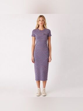 Obey Worldwide Striped Midi Shirt Dress Blue Red Yellow Logo Tee Dress Sz Small